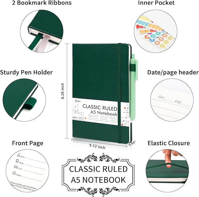 feela 3 Pack Notebooks Journals Bulk with 3 Black Pens, A5 Hardcover Notebook Classic Ruled Lined Journal Set with Pen Holder for Work Business Journaling Note Taking, 120 GSM, 5.1”x8.3”, Dark Green
