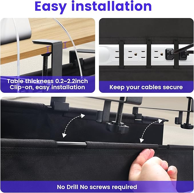 Under Desk Cable Management Tray, Clamp-On Cord Organizer，No Drilling Required, Holds Up to 22 lbs, for Cords, Routers, Power Strips (Black, 28.4inch)