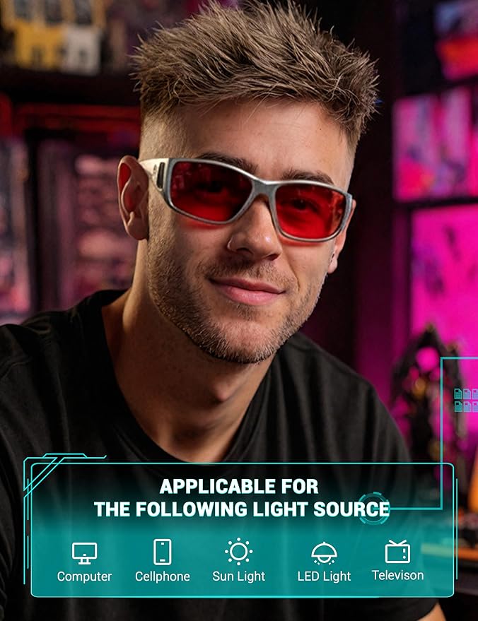 TIJN Sonia Sleep Glasses for Blue & Green Light Blocking,Red Lens with Dual AR Coating,Wraparound Frame for Gaming Screen