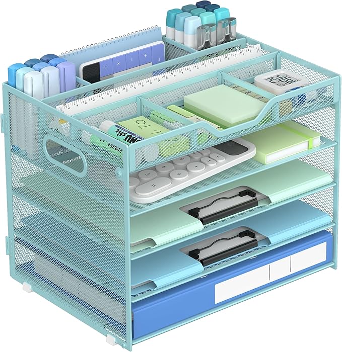 Docnest 5 Tier Mesh Desk Organizer- Letter Tray with Adjustable Compartments, Mesh Desktop Storage Built in Pen Holder and Handles, Desk Organizer Tray for Mail Documents Office Supplies-Blue