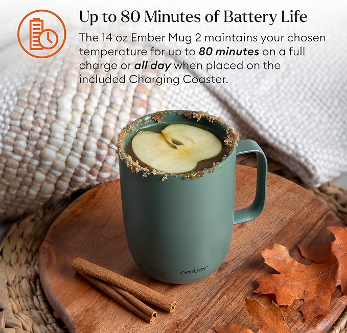 Ember Temperature Control 14oz Smart Mug 2, App-Controlled and Rechargeable Heated Coffee Cup Warmer with Intelligent LED Display, Sage Green.