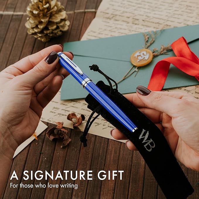 Wordsworth & Black Fountain Pen Set, Medium Nib, Includes 24 Pack Ink Cartridges, Ink Refill Converter & Gift Pouch, Chrome Finish, Calligraphy, [Imperial Blue], Perfect for Men & Women