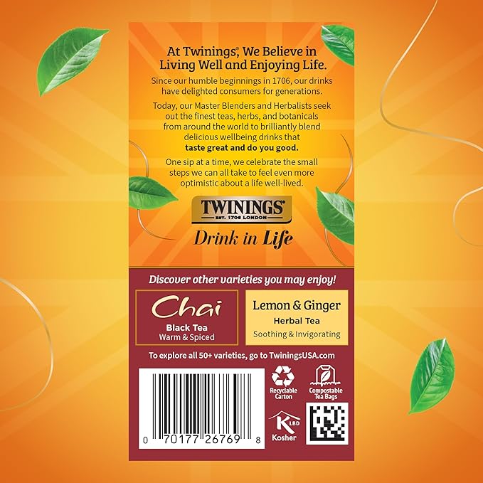 Twinings Pumpkin Spice Chai Black Tea Individually Wrapped Bags, 20 Count (Pack of 1), Warm, Spicy & Aromatic, Caffeinated, Enjoy Hot or Iced, 20 Teabags