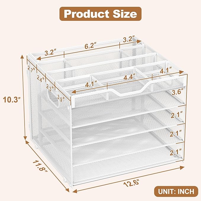 Docnest 5 Tier Letter Tray with Hanging File Organizer-Mesh Desk Organizer-Desktop Storage Box Built in Pen Holder and Handles, File Folder Holder for Mail Documents Office Supplies-White
