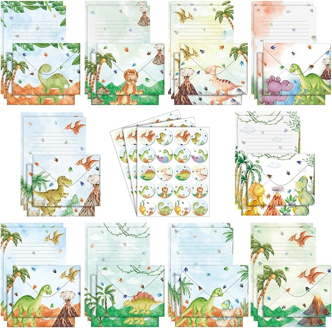 TaoBary 160 Pcs Stationery Paper Set 50 Double Sided Stationery Papers with 50 Matching Envelopes and 60 Round Dot Sticker, 10 Design(Watercolor Dinosaur,8.25 x5.5 Inch)