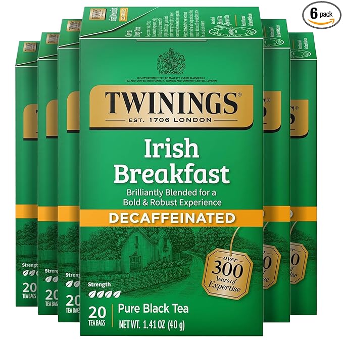 Twinings Decaffeinated Irish Breakfast Black Tea Individually Wrapped Bags, 20 Count (Pack of 6), Flavourful, Robust, Enjoy Hot or Iced, 120 Teabags