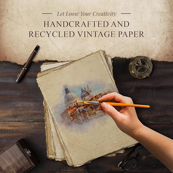 Blank Vintage Handmade Deckled Edge Paper | 75 Sheets of Recycled Cotton Papers, Perfect Sheet for Any Medium, Blank Watercolor Paper Cards, 150 GSM Thick & Acid-Free Antique Paper