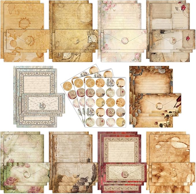 TaoBary 160 Pcs Stationery Paper Set 50 Double Sided Stationery Papers with 50 Matching Envelopes and 60 Round Dot Sticker, 10 Design(Lace Edged Scrapbook,8.5 x 11 Inch)