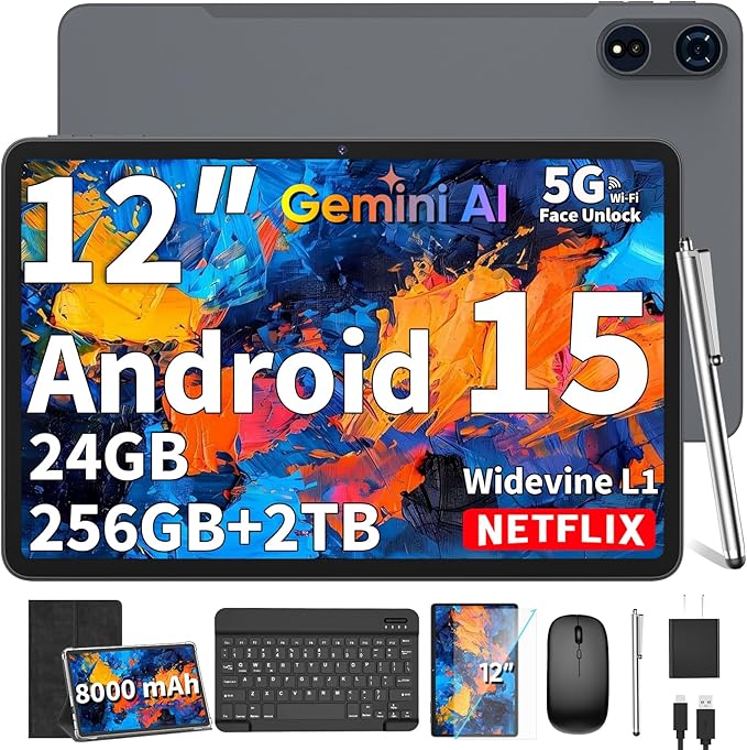 2025 12 Inch Tablet, Android 15 Tablets with Keyboard, 24GB+256GB+2TB Expand, 2K Display, Tablet PC with 5G WiFi, Octa-Core, 8000mAh, BT5.0, GMS, GPS, 2 in 1 Tablets with Case, Mouse, Stylus(Black)