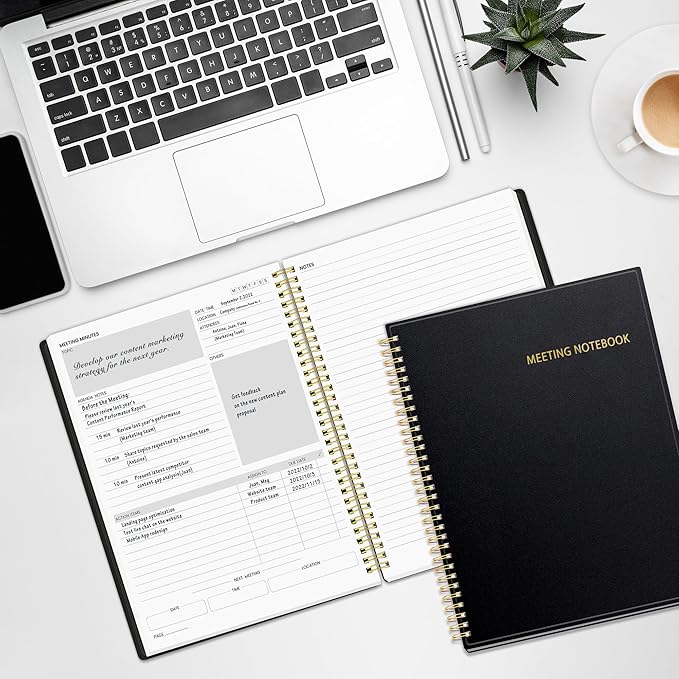 SUNEE Half Meeting Half Note - 8.5"x11" Professional Notebooks for Work - 160 Pages, A4 Size Project Planner, Spiral Meeting Agenda/Minutes Organizer for Women Men, Note Taking, Office & Business