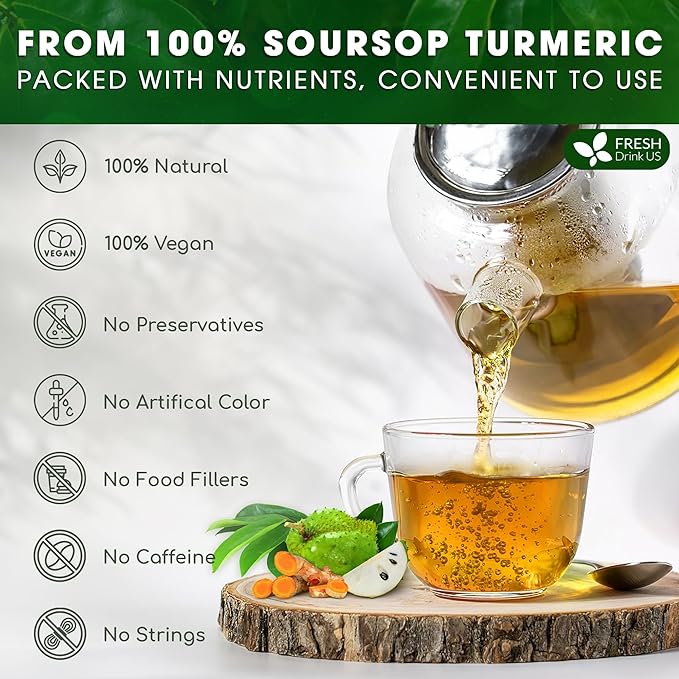 FreshDrinkUS, Premium 40 Soursop Turmeric Tea Bags, 100% Natural, Blend of Soursop Leaves, and Turmeric Root. Made with Natural Material Tea Bags. No Sugar, Vegan.
