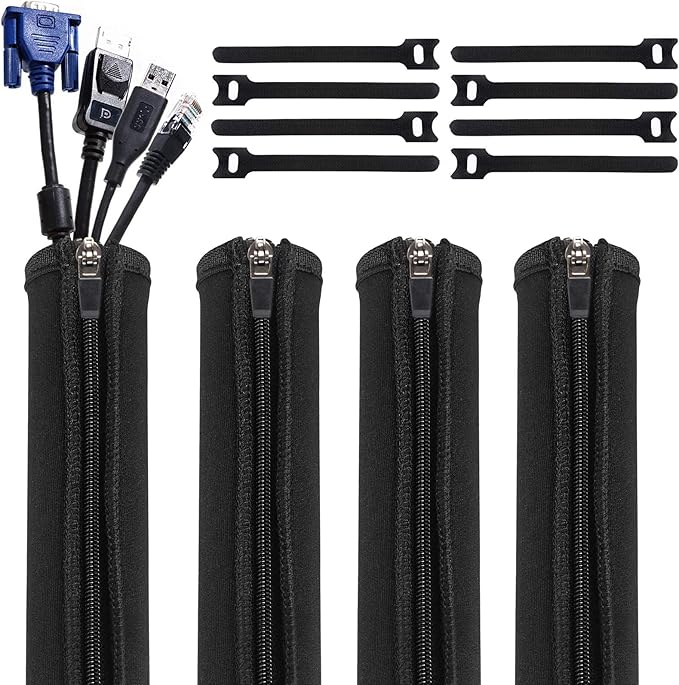 Geekria 4 Pack Cable Management, Wire Management with 8 Pieces Cable Ties, 20 Inch Cord Management with Zipper for TV/Office/Home Entertainment/Computer, Desk Cable Management (Black)