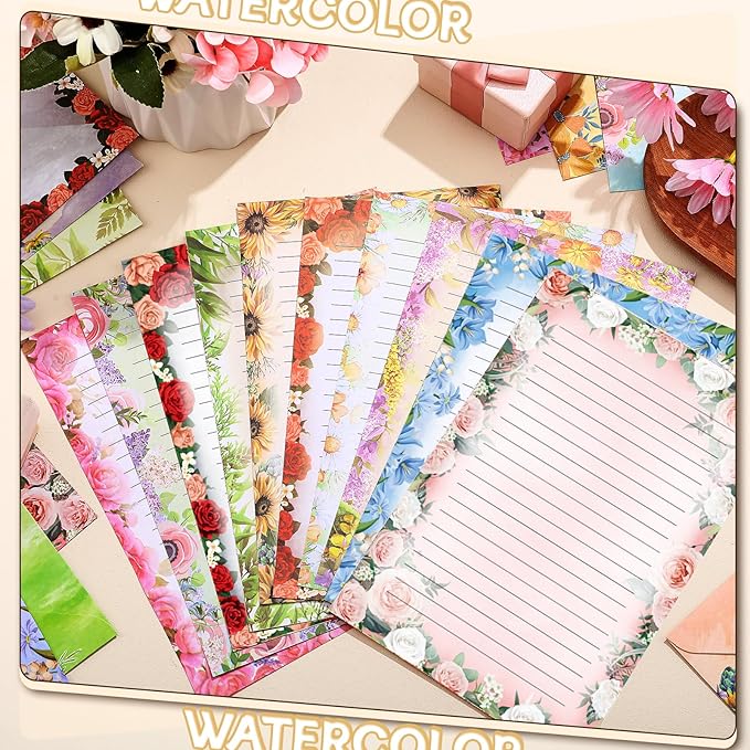 TaoBary 160 Pcs Stationery Paper Set 50 Double Sided Stationery Papers with 50 Matching Envelopes and 60 Round Dot Sticker, 10 Design(Flower,5.5 x 8.25 Inch)