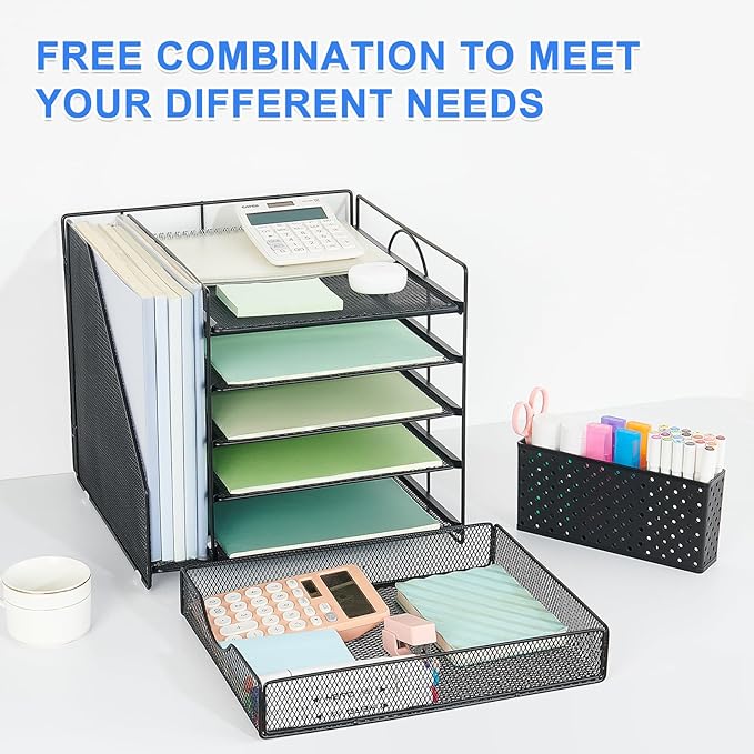 OUTIOE Desk Organizer with Drawer and Pen Holder, 5-Tier Paper Letter Tray Organizer with File Holder, Suitable for Workspace Organizer Office Supplies Storage (Black)