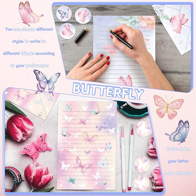 TaoBary 160 Pcs Stationery Paper Set 50 Double Sided Stationery Papers with 50 Matching Envelopes and 60 Round Dot Sticker, 10 Design(Watercolor Butterfly,8.5 x 11 Inch)
