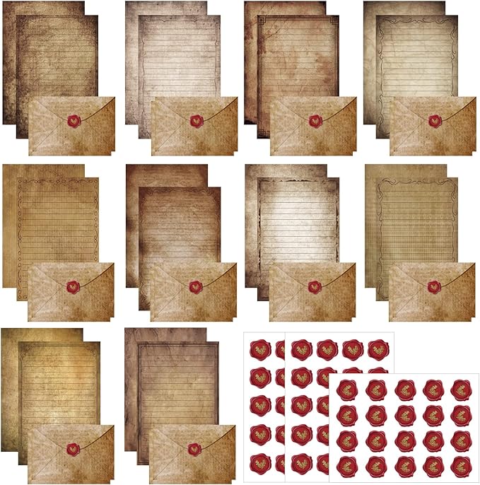 TaoBary 160 Pcs Stationery Paper Set 50 Double Sided Stationery Papers with 50 Matching Envelopes and 60 Round Dot Sticker, 10 Design(Vintage Antique,5.5 x 8.25 Inch)