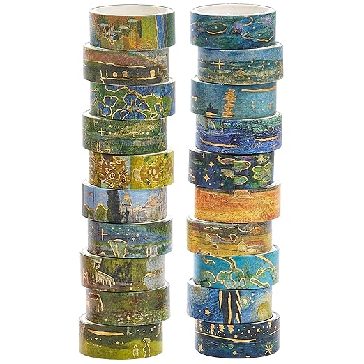 YUBX Landscape Washi Tape Set in Oil Painting Style 20 Rolls Scenery Drawing Masking Gold Foil Graphic Decorative Tapes for Arts, DIY Crafts, Journals, Planners, Scrapbook, Wrapping (Classic)