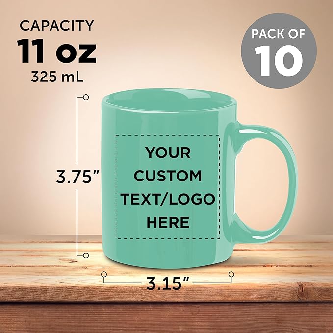 Custom Ceramic Coffee Mugs 11 oz. Set of 10, Personalized Bulk Pack - Coffee cup set, Iced coffee cup, Gaming mug - Tiffany Teal