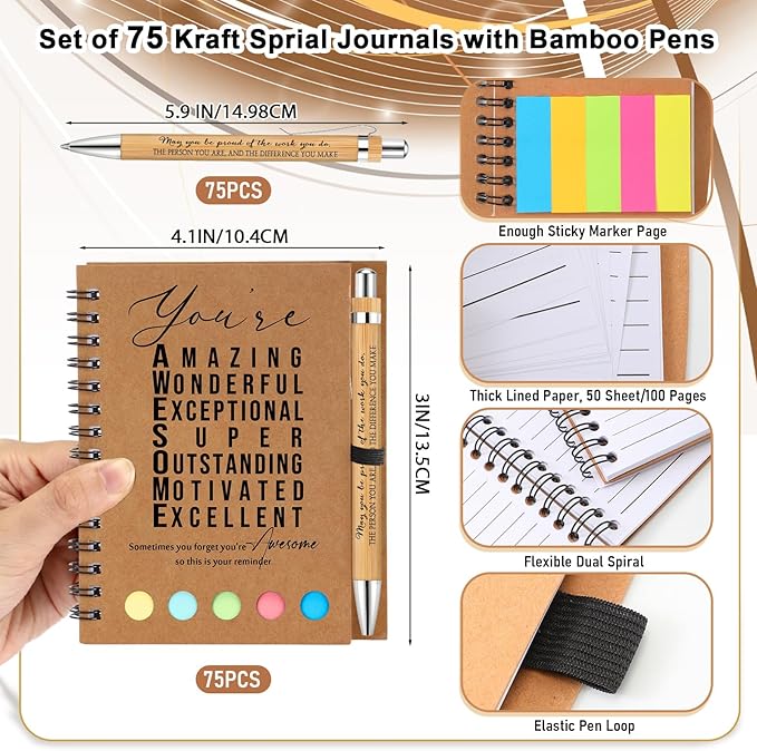 Jetec Inspirational Notebooks Bulk Spiral Notebook with Sticky Notepad Motivational Pens Valentines Day Gifts for for Employee Coworker Nurse Staff Teacher Nurse Volunteer(75 Sets,Amazing)