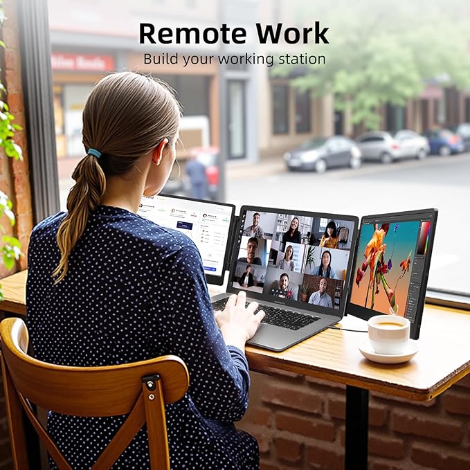 ZUMWALT Laptop Screen Extender, 14" Triple Portable Monitor for Laptop, 1080P FHD Screen Extender Monitors for 13"-16.5", Monitor Extender for MacOS/Windows/Chrome (Built-in Speakers)