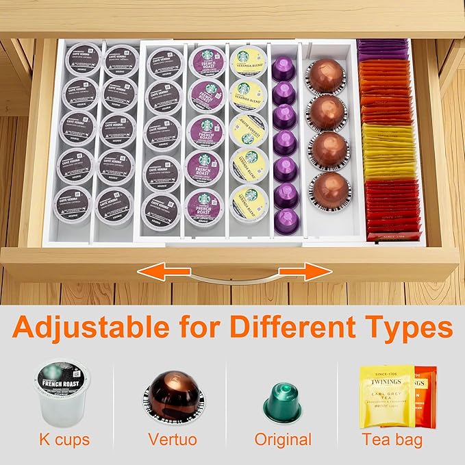 MinBoo Bamboo Drawer Organizer - Expandable K Cup & Pods Holder, Coffee Pod Storage, Tea Organizer, Versatile Kitchen Accessory Organization and Storage,White