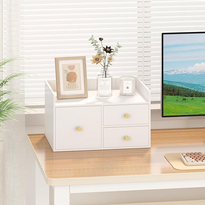 Bamboo Desk Organizer with Drawers Wooden Desktop Storage Drawers for Bills Office Supplies Kitchen Utensils Organizing Tool for Home Classroom Organization No Assembly (3 Drawer, White)