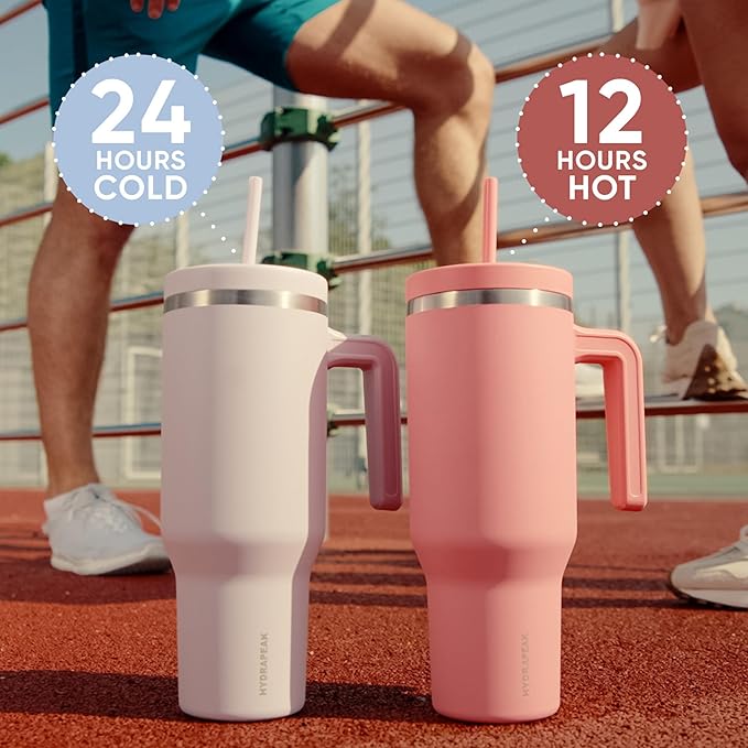 Hydrapeak Voyager 40 Oz Stainless Steel Tumbler with Handle, Insulated Water Bottle With Straw & Lid, Cupholder Friendly Reusable Travel Mug (Fuchsia)