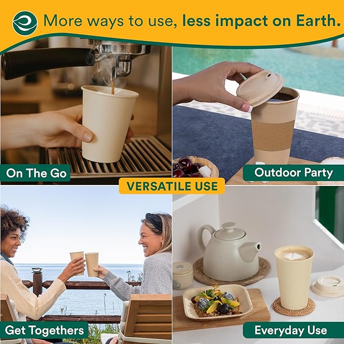 ECO SOUL 100 Pack 12 oz Disposable Coffee Cups Eco-Friendly, Biodegradable, Compostable, Leak-free & Sturdy To Go Hot Drink Travel Bagasse Cup for Tea, Chocolate, Party, Picnic & Cafe, Office & Home