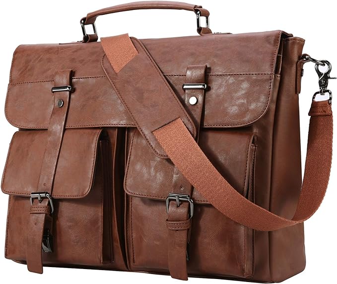 Seyfocnia Leather Messenger Bag for Men, Vintage Leather Laptop Bag Briefcase Satchel, 17.3 Inch Computer School Work Bag (Brown)