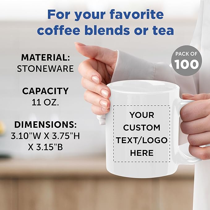 Custom Ceramic Coffee Mugs 11 oz. Set of 100, Personalized Bulk Pack - Coffee cup set, Iced coffee cup, Gaming mug - White