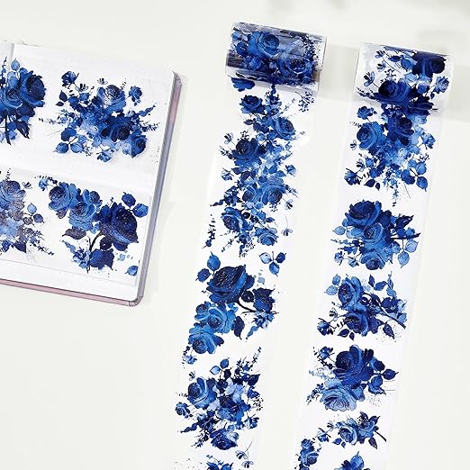 WT Cobalt Blue Wide PET Tape, Single Roll, Original Designs, Floral Decors, Transparent Clear Adhesive, Junk Journal Scrapbook Bujo Planner DIY Craft Supplies Gifts, Watercolor Flower