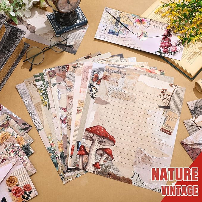 TaoBary 160 Pcs Stationery Paper Set 50 Double Sided Stationery Papers with 50 Matching Envelopes and 60 Round Dot Sticker, 10 Design(Nature Vintage Style,8.5 x 11 Inch)