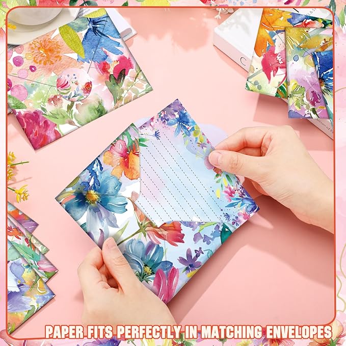 TaoBary 160 Pcs Stationery Paper Set 50 Double Sided Stationery Papers with 50 Matching Envelopes and 60 Round Dot Sticker, 10 Design(Bright Floral,5.5 x 8.25 Inch)