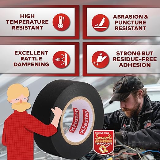 XFasten Wire Harness Tape, 3/4-Inch x 90-Foot (3-Pack), High Temp Wiring Loom Harness, Self-Adhesive Felt Cloth Electrical Tape for Automotive Engines, Noise Dampening, and Cable Protection