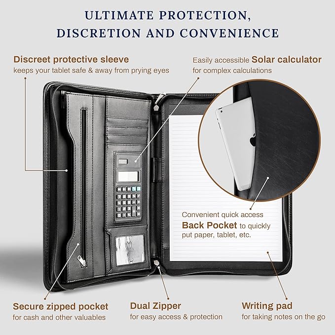 Cossini Black Superior Vegan Leather Business Portfolio with Zipper – Padfolio All-in-One. Smartest Protective 10.1 Inch Tablet Sleeve, Presentation Slot, Solar Calculator, Card Storage, Writing Pad