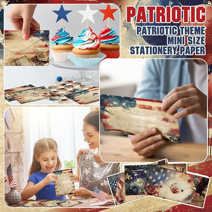 TaoBary 160 Pcs Stationery Paper Set 50 Double Sided Stationery Papers with 50 Matching Envelopes and 60 Round Dot Sticker, 10 Design(Patriotic,8.5 x 11 Inch)