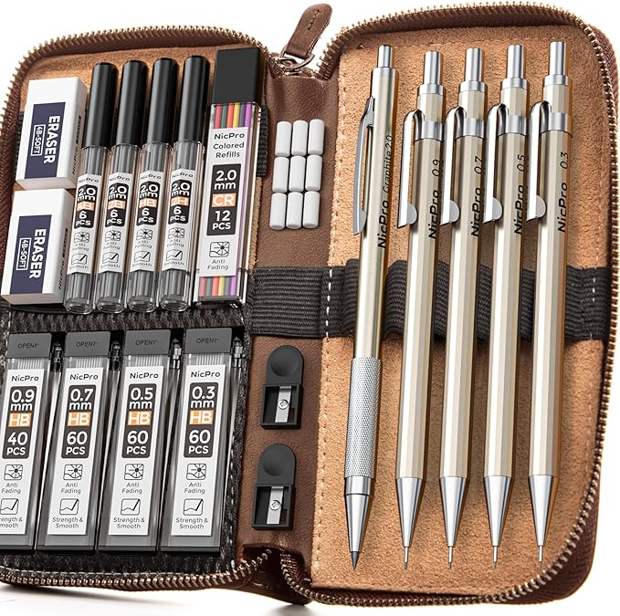 Nicpro 29PCS Metal Mechanical Pencil Set in Leather Case, 0.3 & 0.5 & 0.7 & 0.9 & 2mm Lead Pencil Holder, (6B 4B 2B HB 2H 4H) Lead Refills (Black & Colors), Erasers For Art Drafting Sketching Drawing