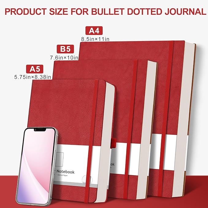 AHGXG Bullet Dotted Journal - 320 Numbered Pages Dot Grid Notebook A5 Thick Journal, 100gsm Thick Dotted Paper, Leather Hardcover,Inner Pocket, 5.75'' × 8.38'' - Red