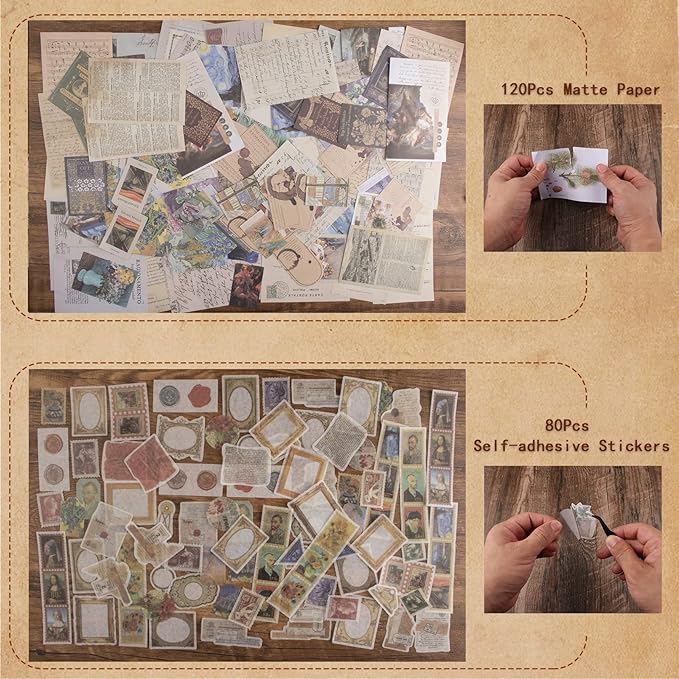 200Pcs Vintage Scrapbook Stickers, Aesthetic Junk Journal Stamping Supplies Kit, Scrapbooking Ephemera Washi Paper for Bullet Journaling Planners Diary Collage (Artistic)