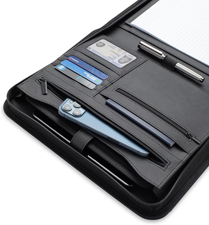Forevermore Portfolios Padfolio Binder - Professional Faux Leather Travel Organizer Pouch for Tablet, Documents, Presentation Folders, Zipper Closure, Notepad - Black