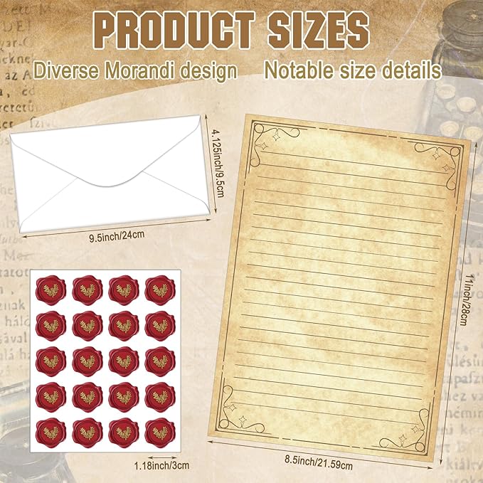 TaoBary 160 Pcs Stationery Paper Set 50 Double Sided Stationery Papers with 50 Matching Envelopes and 60 Round Dot Sticker, 10 Design(Retro,8.5 x 11 Inch)