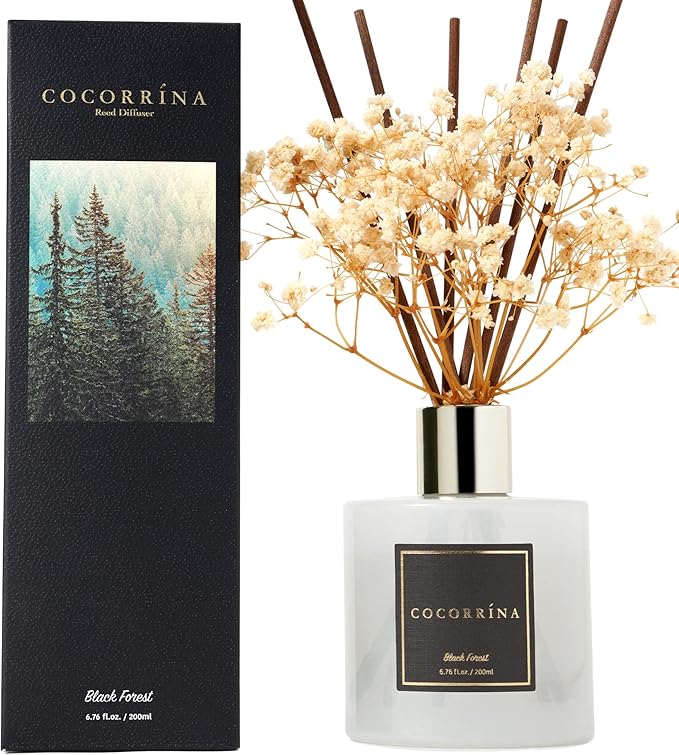 Cocorrína Reed Diffuser Sets, 6.7 fl oz. Black Forest Diffuser with Sticks Home Fragrance Reed Diffuser for Bathroom Shelf Decor