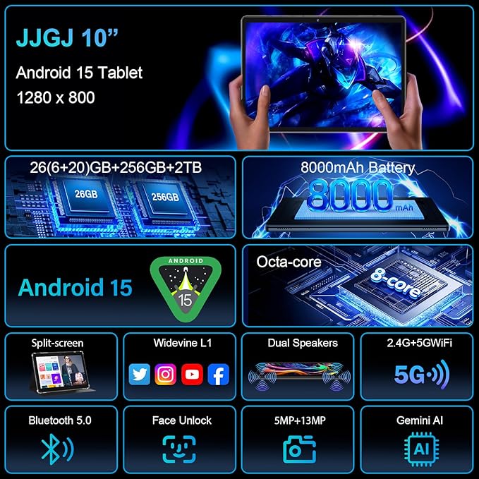 JJGJ 2026 Android 15 Tablet with Keyboard, 26GB+256GB, 2TB Expand, 10 Inch Tablet with Octa-Core, 8000mAh, 5G WiFi, BT5.0, Widevine L1, Gemini AI, 2-in-1 Tablets with Case, Mouse, Stylus(Silver Case)