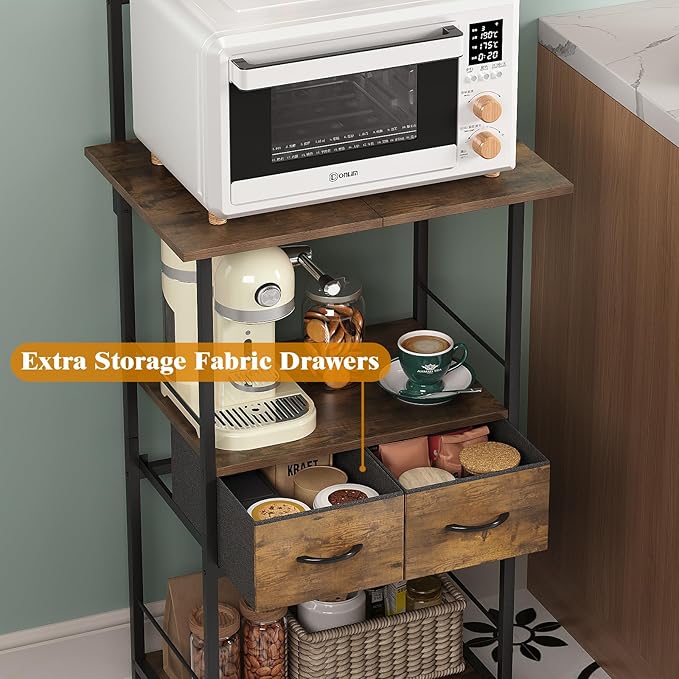 GiftGo Small Coffee Bar Station Narrow Corner Baker Rack Stand with 2 Storage Fabric Drawers 5 S Hooks for Small Spaces Farmhouse Bakers Rack for Kitchen, Entryway, Living Room (Brown, Narrow)