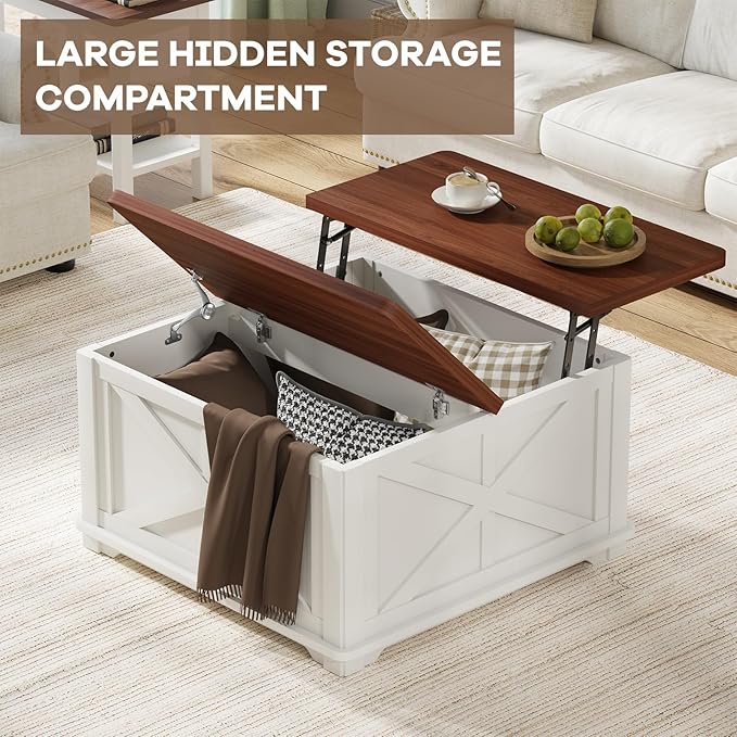 Airynee Farmhouse Coffee Table with Hydraulic Lifter, Square Coffee Table with Large Hidden Storage Compartment for Living Room, Wooden Coffee Tables with Brown Flip-Top Lids for Home Office, White