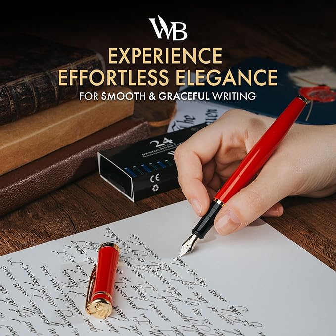 Wordsworth & Black Fountain Pen Set, 18K Gilded Fine Nib, Includes 24 Pack Ink Cartridges, Ink Refill Converter & Gift Box, Gold Finish, Calligraphy, [Crimson Red], Perfect for Men & Women