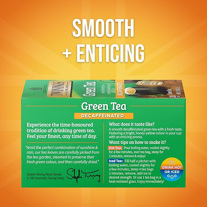 Twinings Decaffeinated Green Tea Individually Wrapped Bags, 20 Count (Pack of 6), Smooth Flavour, Enticing Aroma, Enjoy Hot or Iced, 120 Teabags