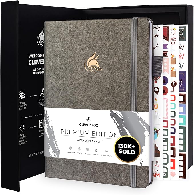 Clever Fox Planner Premium Edition – Undated Luxurious Weekly & Monthly Planner to Increase Productivity and Hit Your Goals – Organizer – Start Anytime, A5, Lasts 1 Year, Gray (Weekly)
