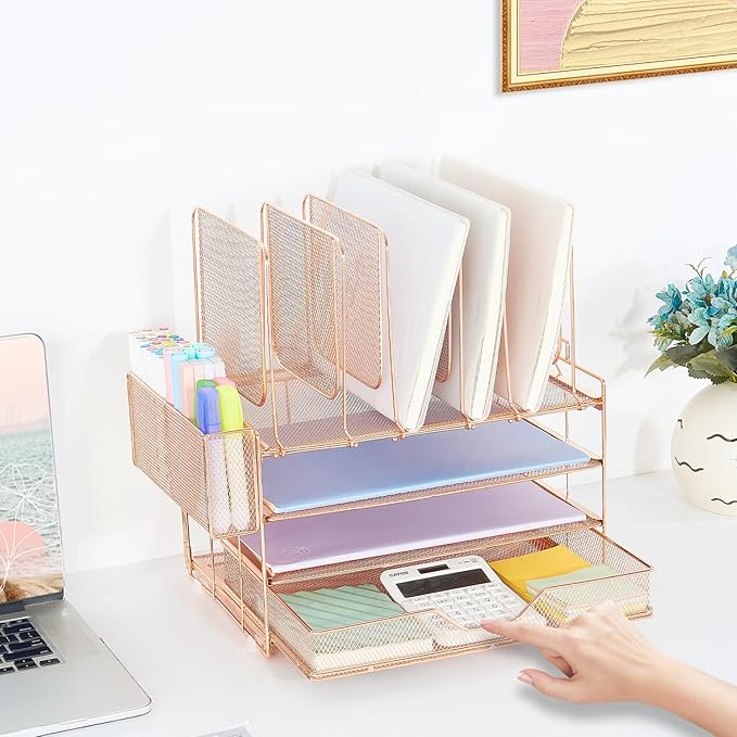 LEKETREE Desk Organizers and Accessories, 3-Tier Paper Organizer with 5 Vertical File Holders, File Organizer for Desk (Rose Gold With Drawer, 3T With Drawer)