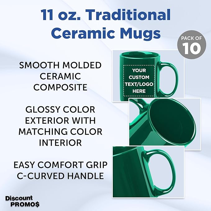 Custom Ceramic Coffee Mugs 11 oz. Set of 10, Personalized Bulk Pack - Coffee cup set, Iced coffee cup, Gaming mug - Green